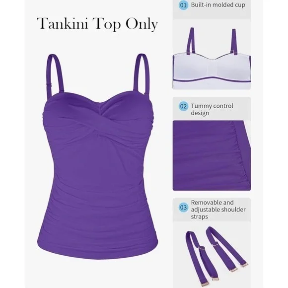 NEW Relleciga Dark Purple Large Ruched Tankini Top‎ Tummy Control - Picture 7 of 9